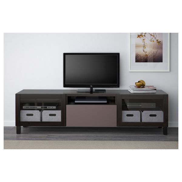 Тумба под ТВ БЕСТО, черно-коричневый, Вальвикен темно-коричневый, прозрачное стекло (180x40x48 см) - схема-чертеж с размерами