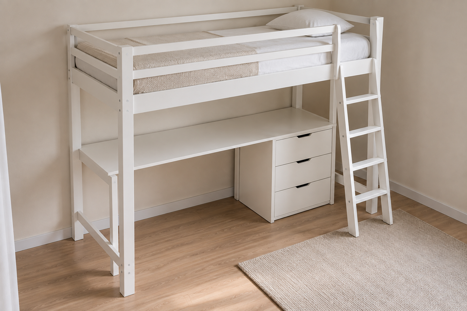 Белая кровать-чердак SMÅSTAD со встроенным письменным столом и тремя ящиками − готовая система хранения и учёбы