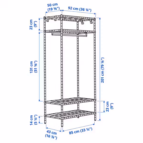 OMAR Стеллаж с платяной штангой - оцинковка 92x50x201 см - схема-чертеж с размерами