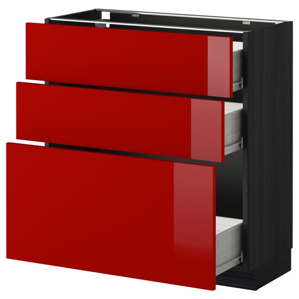 Напольный шкаф с 3 ящиками МЕТОД / ФОРВАРА, черный, Рингульт красный - схема-чертеж с размерами