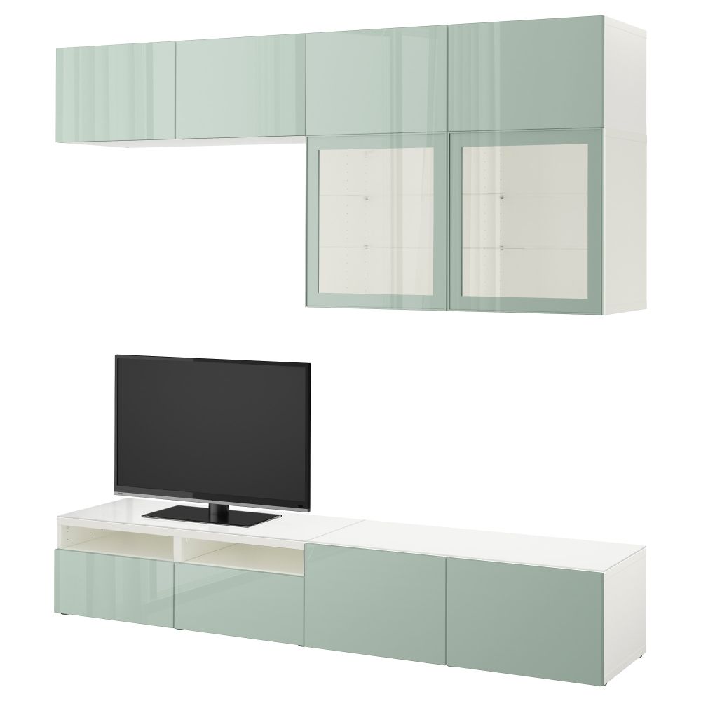 Шкаф для ТВ, комбинированный, стекляные дверцы БЕСТО, белый Сельсвикен, глянцевый/серо-зеленый светлый прозрачное стекло - фото 1