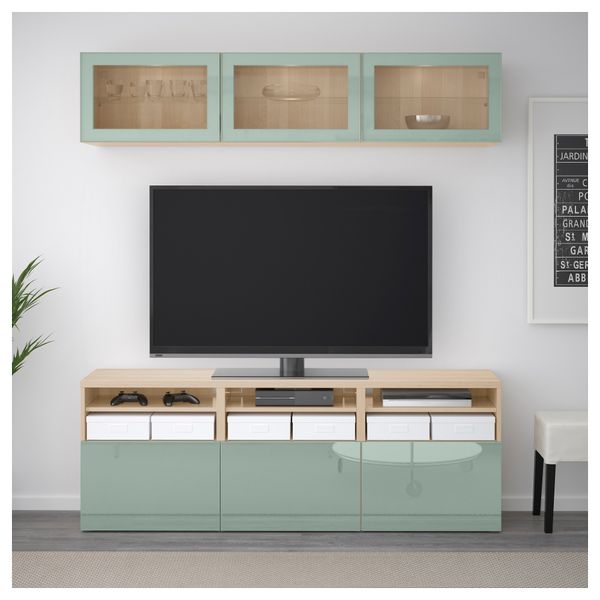 Шкаф для ТВ, комбинированный, стекляные дверцы БЕСТО, под беленый дуб Сельсвикен, глянцевый/серо-зеленый светлый прозрачное - фото 2