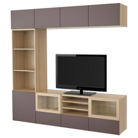 Шкаф для ТВ, комбинированный, стекляные дверцы БЕСТО, под беленый дуб, Вальвикен темно-коричневый, прозрачное стекло (240x40x230