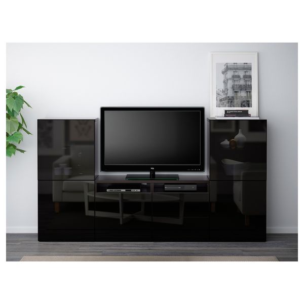 Шкаф для ТВ, комбинированный, стекляные дверцы БЕСТО, черно-коричневый, Сельсвикен глянцевый/черный дымчатое стекло (240x40x128 - фото 2