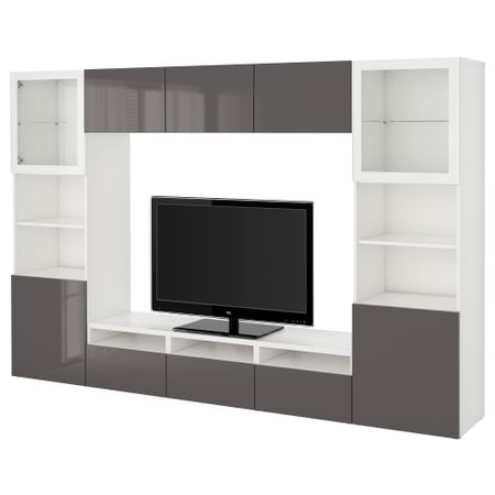 Шкаф для ТВ, комбинированный, стекляные дверцы БЕСТО, белый, Сельсвикен глянцевый/серый прозрачное стекло (300x40x192 см)