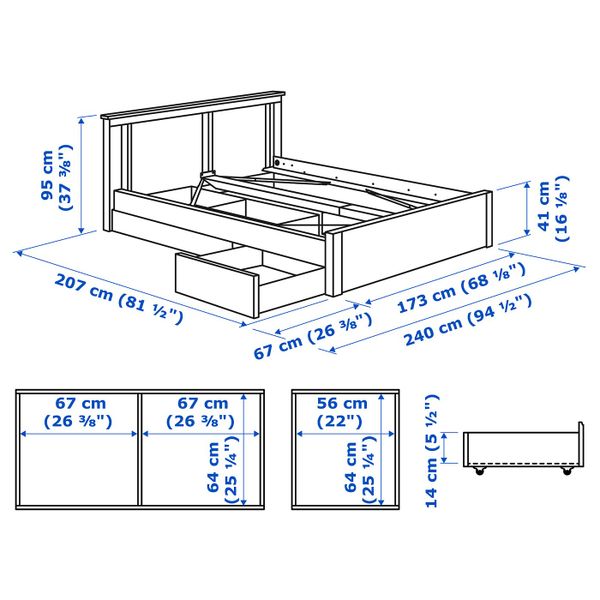 Каркас кровати с 2 ящиками, белый/Лурой 160x200 см IKEA SONGESAND СОНГЕСАНД 092.412.55 - схема-чертеж с размерами