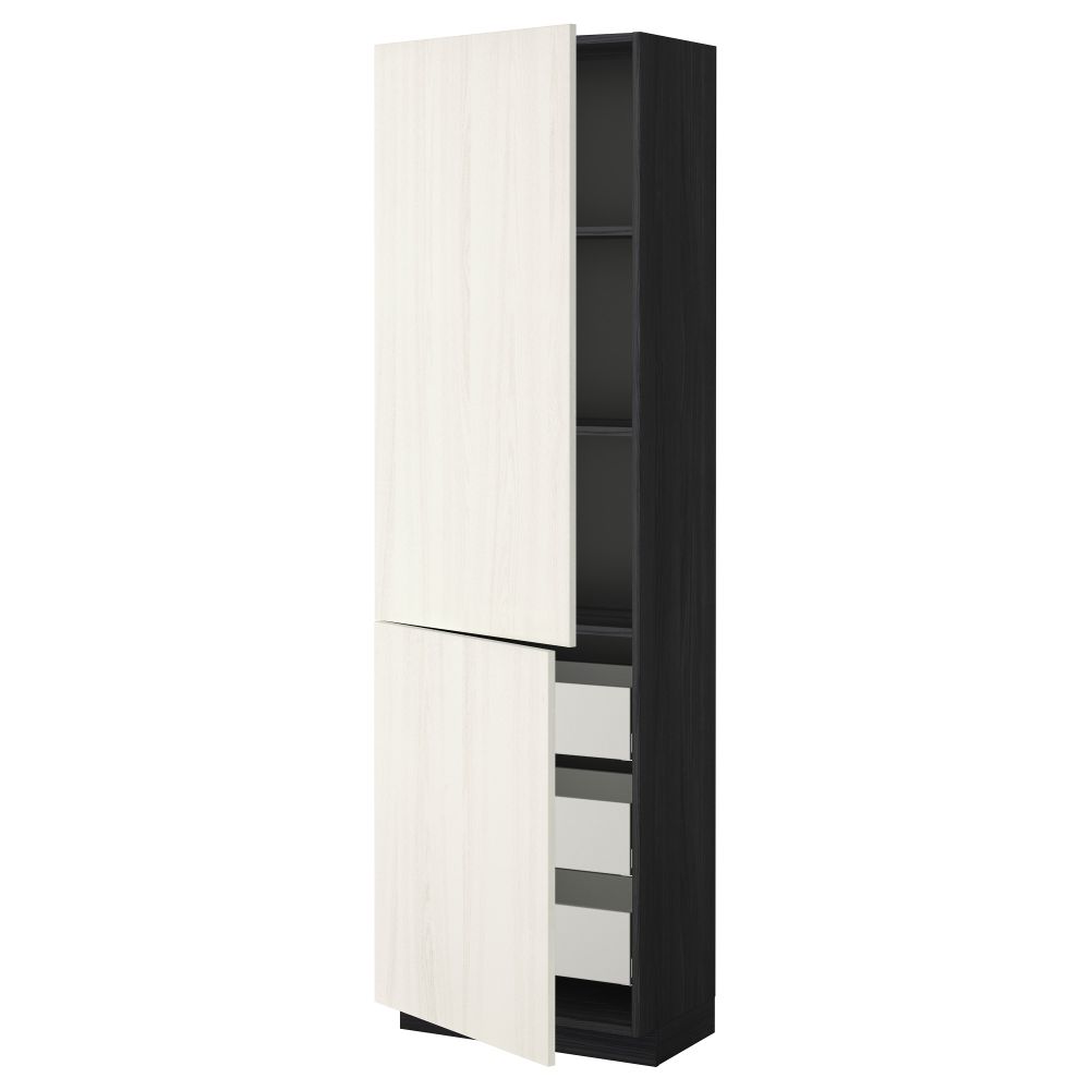 Высокий шкаф + полки, 3 ящика, 2 дверцы МЕТОД / МАКСИМЕРА, черный, Росдаль белый - схема-чертеж с размерами