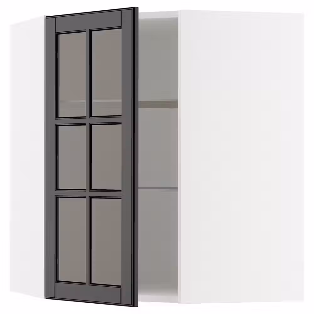 METOD Углов навесн шкаф с полками/сткл дв - белый/Bodbyn чёрный 68x80 см - фото 1