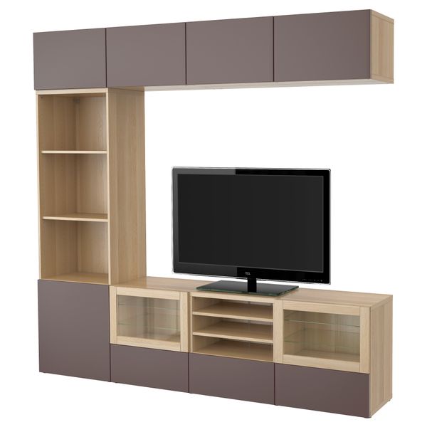 Шкаф для ТВ, комбинированный, стекляные дверцы БЕСТО, под беленый дуб, Вальвикен темно-коричневый, прозрачное стекло (240x40x230 - фото 1