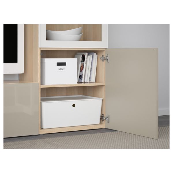 Шкаф для ТВ, комбинированный, стекляные дверцы БЕСТО, под беленый дуб, Сельсвикен глянцевый/бежевый прозрачное стекло - фото 3