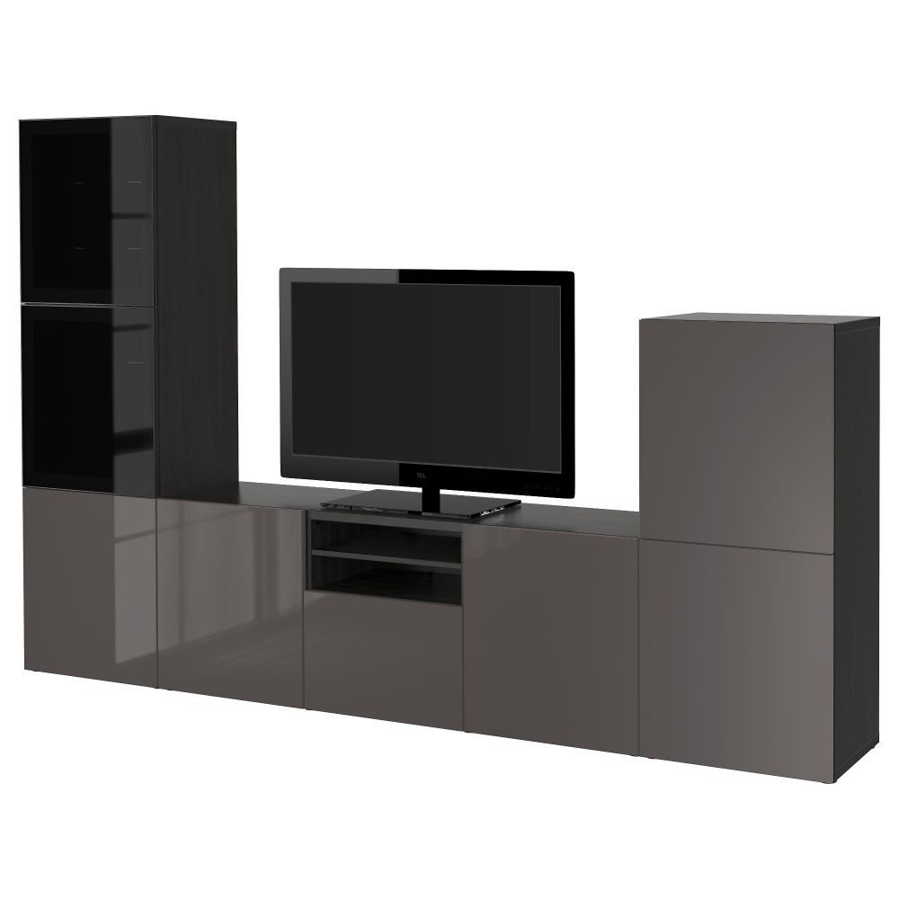 Шкаф для ТВ, комбинированный, стекляные дверцы БЕСТО, черно-коричневый, Сельсвикен глянцевый/серый дымчатое стекло (300x40x192 - фото 1