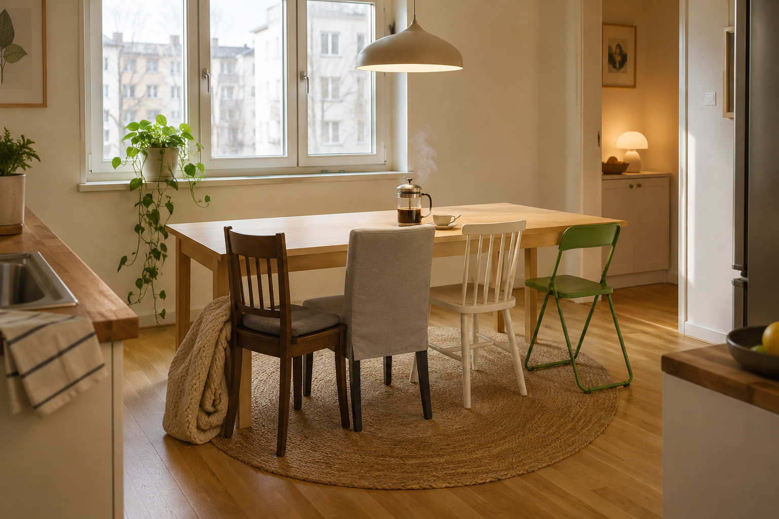 Четыре кухонных стула IKEA в ряд у стола: STEFAN, BERGMUND, NORDMYRA и PS 2026 в светлой кухне-столовой