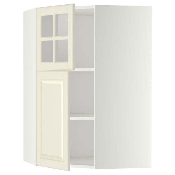 Угловой навесной шкаф + полки, 1 дверца, 1 стеклянные дверцы МЕТОД, белый, Будбин белый с оттенком (68x100 см) - схема-чертеж с размерами