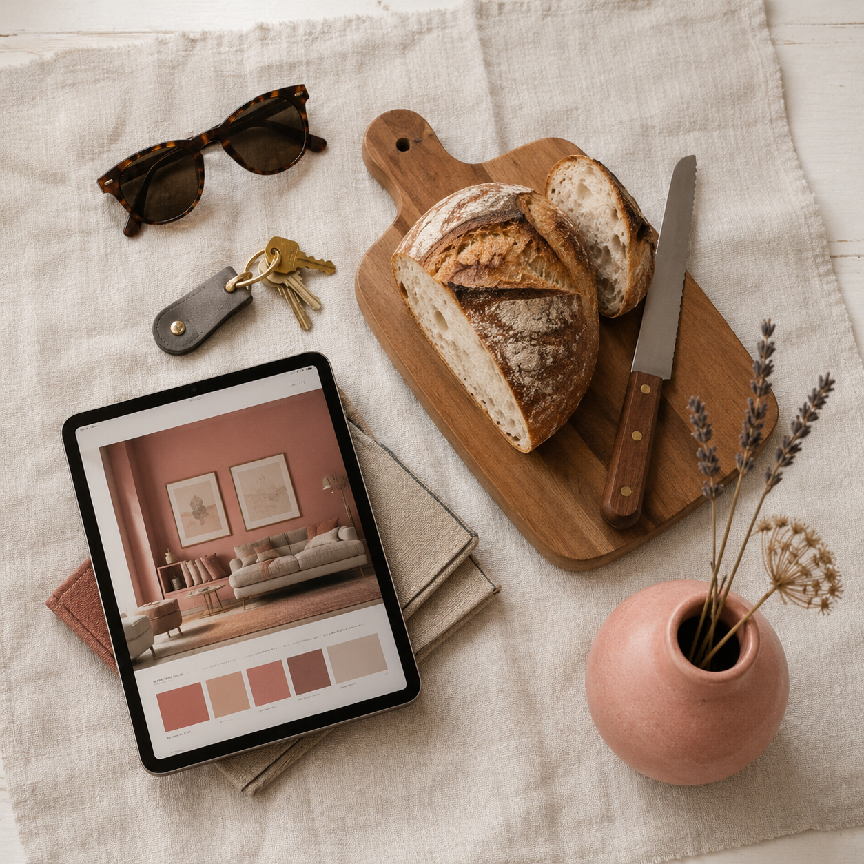 Flatlay розовых аксессуаров IKEA: наволочки, покрывало, ваза и подсвечник на нейтральном фоне