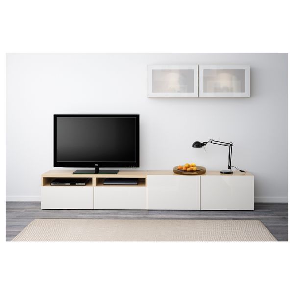 Шкаф для ТВ, комбинированный, стекляные дверцы БЕСТО, под беленый дуб, Сельсвикен глянцевый/белый матовое стекло (240x20/40x166 - фото 2