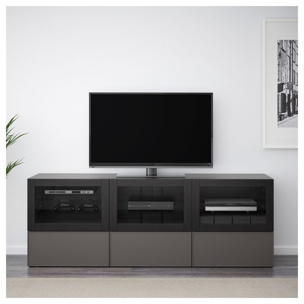 Тумба под ТВ, с дверцами и ящиками БЕСТО, черно-коричневый Грундсвикен, темно-серый прозрачное стекло (180x40x64 см) - фото 2