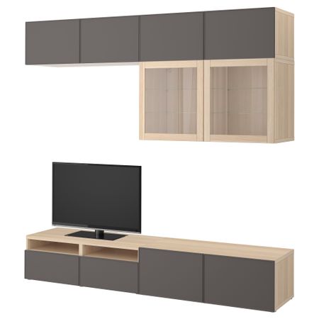 Шкаф для ТВ, комбинированный, стекляные дверцы БЕСТО, под беленый дуб Грундсвикен, темно-серый прозрачное стекло (240x40x230 см)