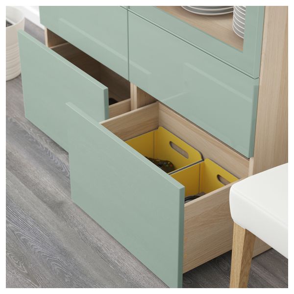 Комбинация для хранения со стеклянными дверцами БЕСТО, под беленый дуб Сельсвикен, глянцевый/серо-зеленый светлый прозрачное - схема-чертеж с размерами