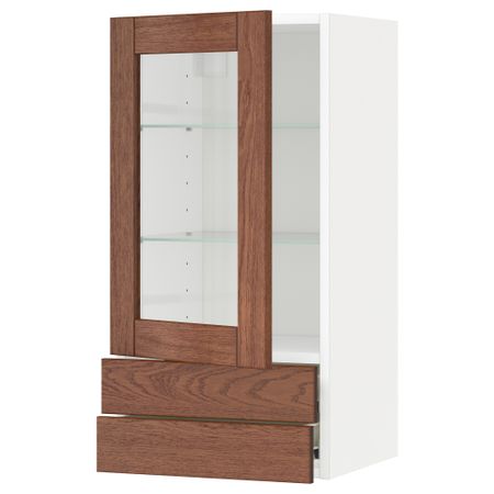 Навесной шкаф, стеклянная дверца, 2 ящика МЕТОД / ФОРВАРА, белый, Филипстад коричневый