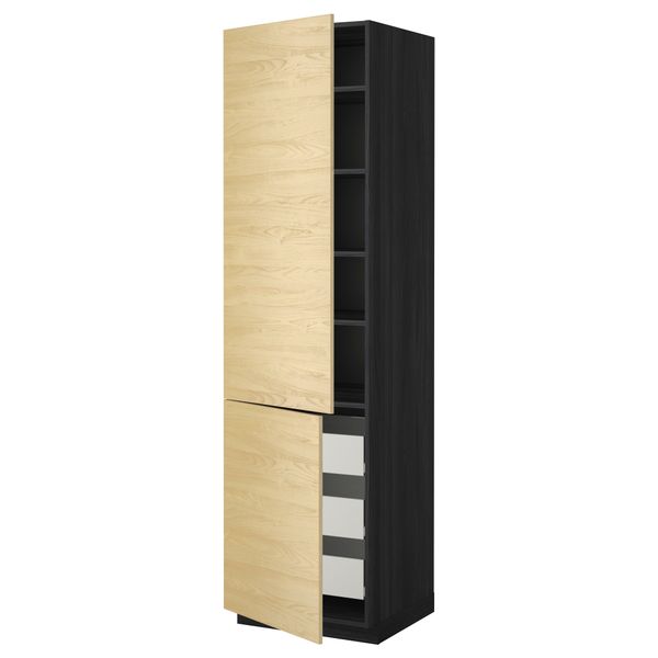 Высокий шкаф + полки, 3 ящика, 2 дверцы МЕТОД / ФОРВАРА, черный, Тингсрид береза - фото 1