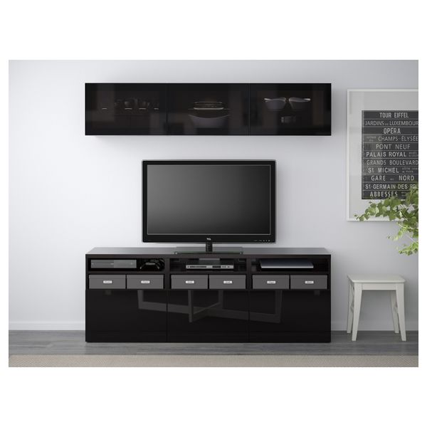 Шкаф для ТВ, комбинированный, стекляные дверцы БЕСТО, черно-коричневый, Сельсвикен глянцевый/черный дымчатое стекло (180x40x192 - фото 2