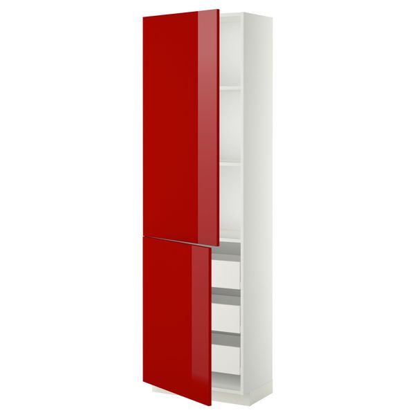 Высокий шкаф + полки, 3 ящика, 2 дверцы МЕТОД / ФОРВАРА, белый, Рингульт красный - схема-чертеж с размерами
