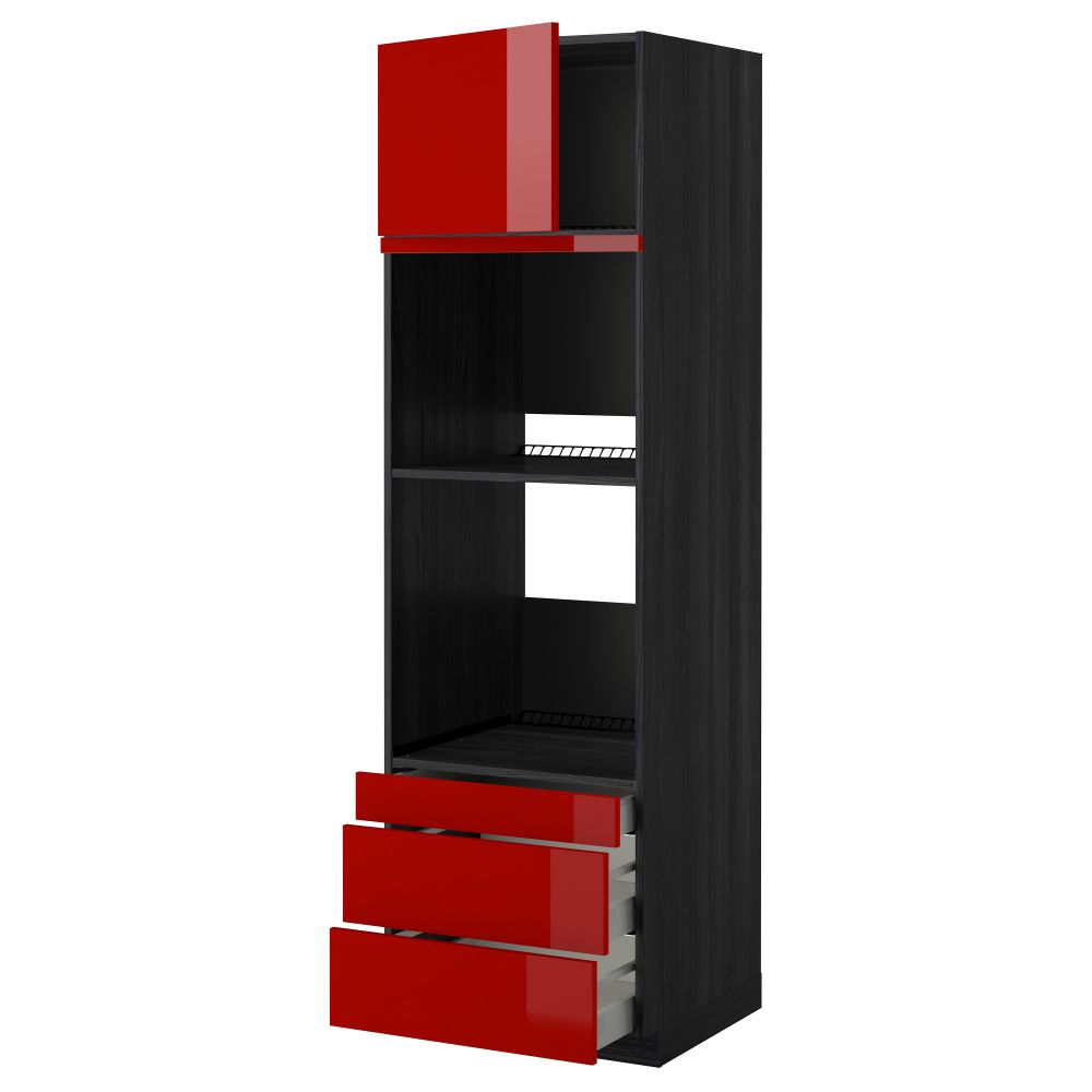 Высокий шкаф для духовки комбинированный, духовка + дверца, 3 ящика МЕТОД / МАКСИМЕРА, черный, Рингульт красный - схема-чертеж с размерами