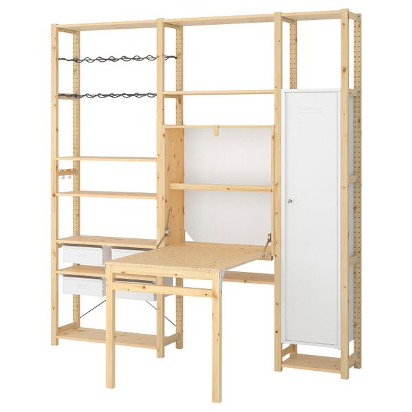 3 секции для хранения + складной столик, сосна, белый 219x30-104x226 см IKEA ИВАР 992.482.24 - фото 2
