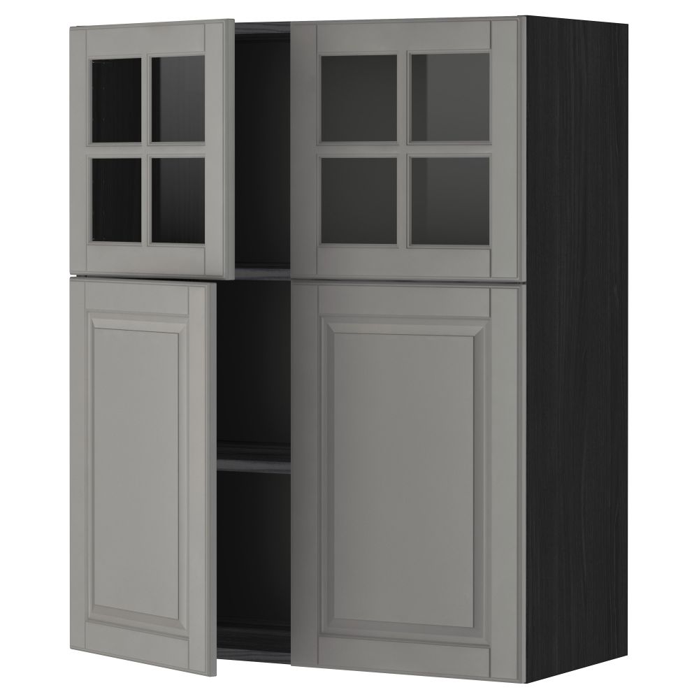 Навесной шкаф, полки, 2 двери, 2 стеклянные дверцы МЕТОД, черный, Будбин серый (80x100 см) - схема-чертеж с размерами