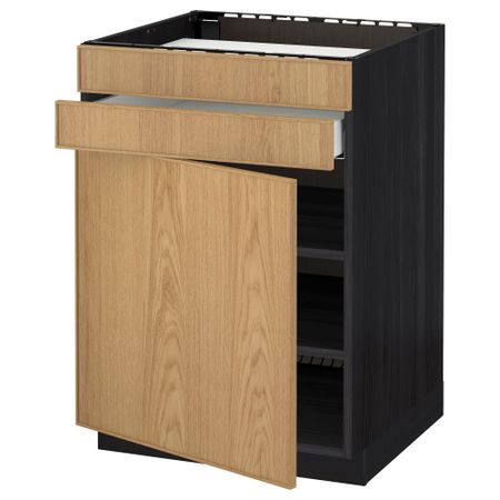 Напольный шкаф для варочной панели, доводчик, 2 фасада, 1 ящик МЕТОД / МАКСИМЕРА, черный, Экестад дуб (60x60 см)