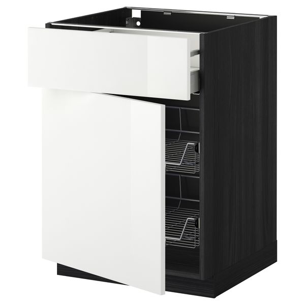 Напольный шкаф с проволочной корзиной, ящиком, дверью МЕТОД / МАКСИМЕРА, черный, Рингульт белый - схема-чертеж с размерами