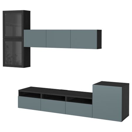 Шкаф для ТВ, комбинированный, стекляные дверцы БЕСТО, черно-коричневый, Вальвикен серо-бирюзовый, прозрачное стекло