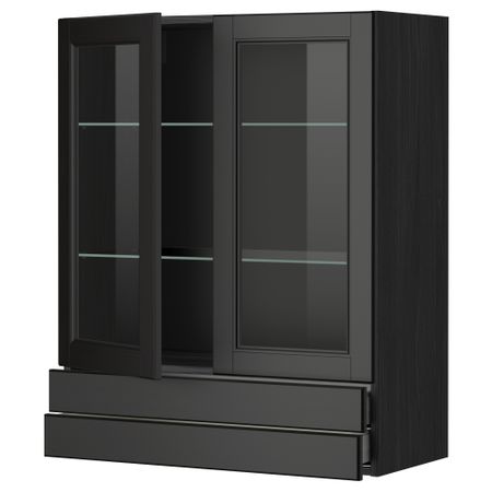 Навесной шкаф, 2 стеклянные дверцы, 2 ящика МЕТОД / МАКСИМЕРА, черный, Лаксарби черно-коричневый