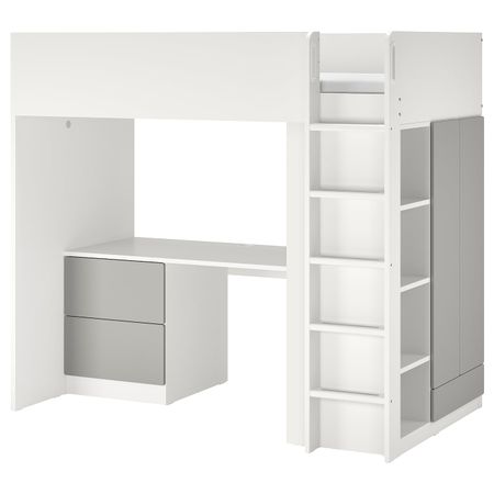 Кровать-чердак, белый серый/с письменным столом с 3 ящиками 90x200 см IKEA SMÅSTAD СМОСТАД 994.374.51