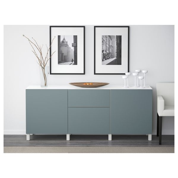 Комбинация для хранения с дверцами, ящиками БЕСТО, белый, Вальвикен серо-бирюзовый (180x40x74 см) - схема-чертеж с размерами