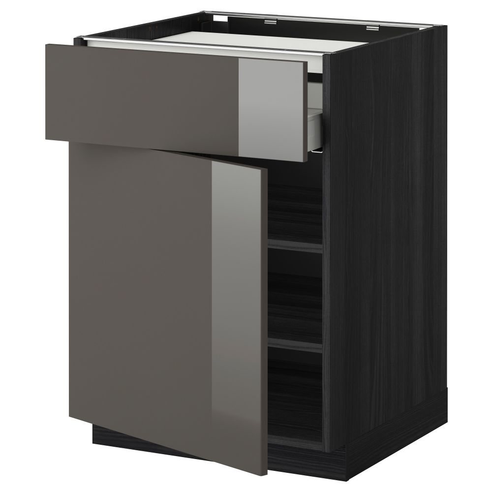 Напольный шкаф для варочной панели, ящик, полка, дверцы МЕТОД / МАКСИМЕРА, черный, Рингульт серый (60x60 см) - фото 1