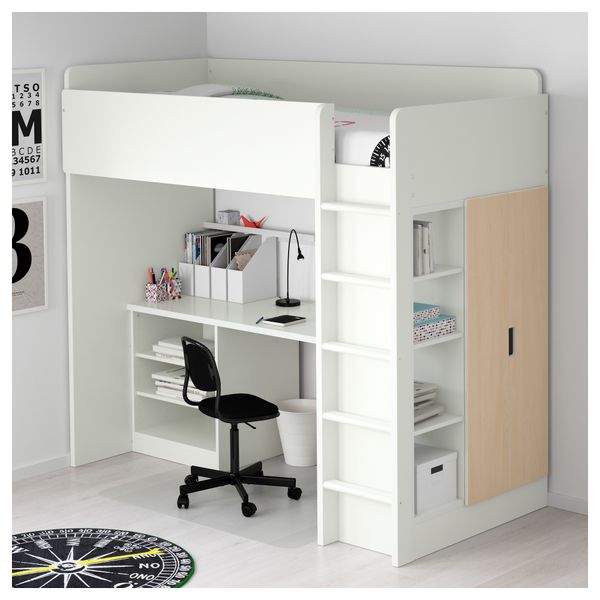 Кровать-чердак, 2 полки, 2 дверцы СТУВА, белый, береза (207x99x193 см) - фото 2