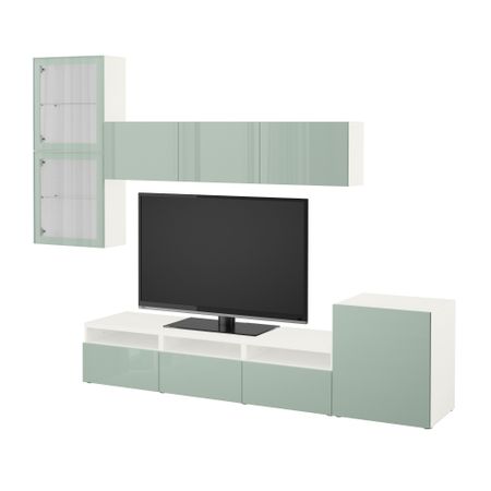 Шкаф для ТВ, комбинированный, стекляные дверцы БЕСТО, белый Сельсвикен, глянцевый/серо-зеленый светлый прозрачное стекло