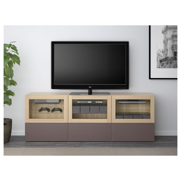 Тумба под ТВ, с дверцами и ящиками БЕСТО, под беленый дуб, Вальвикен темно-коричневый, прозрачное стекло (180x40x64 см) - фото 2