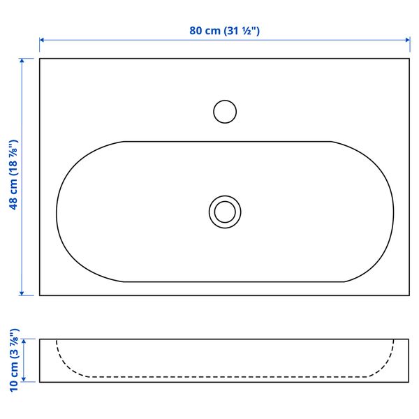 Одинарная раковина, 80x48x10 см, белый IKEA BRÅVIKEN БРОВИКЕН 901.807.99 - схема-чертеж с размерами
