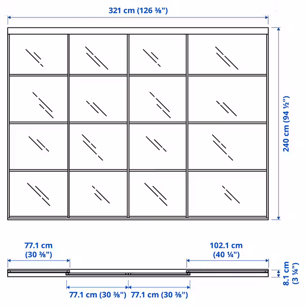 SKYTTA / FÄRVIK Дверь раздвижная, комбинация - алюминий/белый стекло 326x240 см - схема-чертеж с размерами