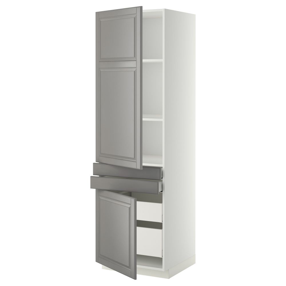 Высокий шкаф + полки, 4 ящик, 2 двери, 2 фронтальные МЕТОД / МАКСИМЕРА, белый, Будбин серый (60x60x200 см) - фото 1