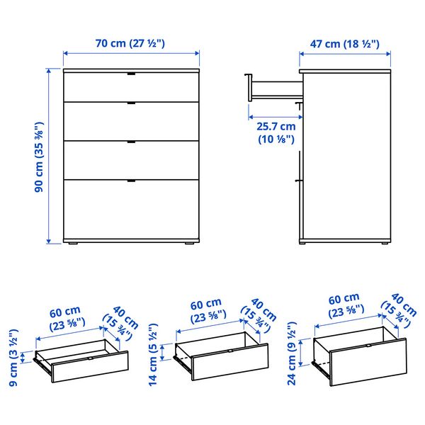 VIHALS Комод с 4 ящиками - белый/функция блокировки/разблокировки 70x47x90 см - схема-чертеж с размерами
