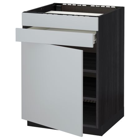 Напольный шкаф для варочной панели, доводчик, 2 фасада, 1 ящик МЕТОД / ФОРВАРА, черный, Веддинге серый (60x60 см)
