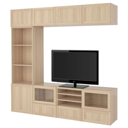 Шкаф для ТВ, комбинированный, стекляные дверцы БЕСТО, Ханвикен, Синдвик под беленый дуб, прозрачное стелко (240x40x230 см)