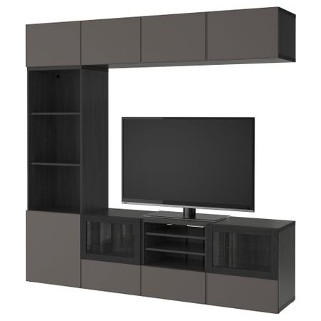 Шкаф для ТВ, комбинированный, стекляные дверцы БЕСТО, черно-коричневый Грундсвикен, темно-серый прозрачное стекло (240x40x230