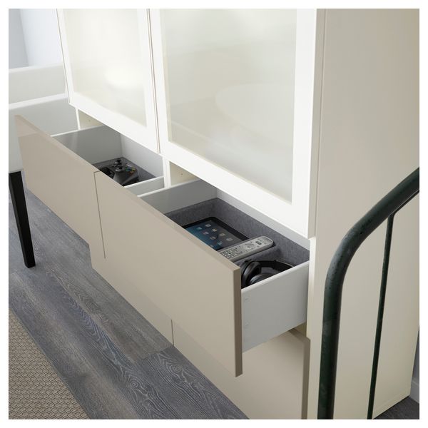 Комбинация для хранения со стеклянными дверцами БЕСТО, белый, Сельсвикен глянцевый/бежевый матовое стекло (120x40x128 см) - схема-чертеж с размерами