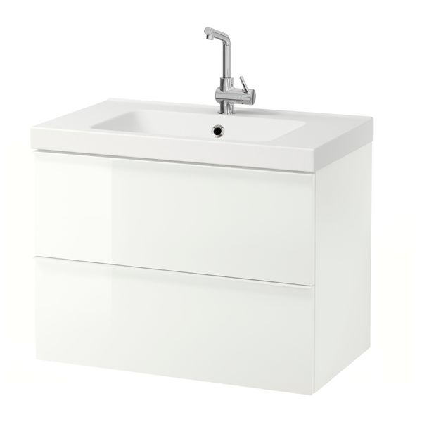 Шкаф для раковины с 2 ящиками ГОДМОРГОН / ОДЕНСВИК, глянцевый белый (83x49x64 см) - фото 2