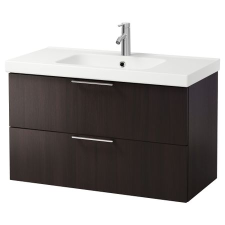 Шкаф для раковины с 2 ящиками ГОДМОРГОН / ОДЕНСВИК, черно-коричневый (100x49x64 см)