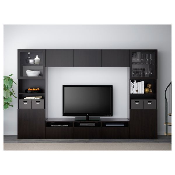 Шкаф для ТВ, комбинированный, стекляные дверцы БЕСТО, Лаппвикен, Синдвик черно-коричневый прозрачное стекло (300x40x192 см) - фото 2